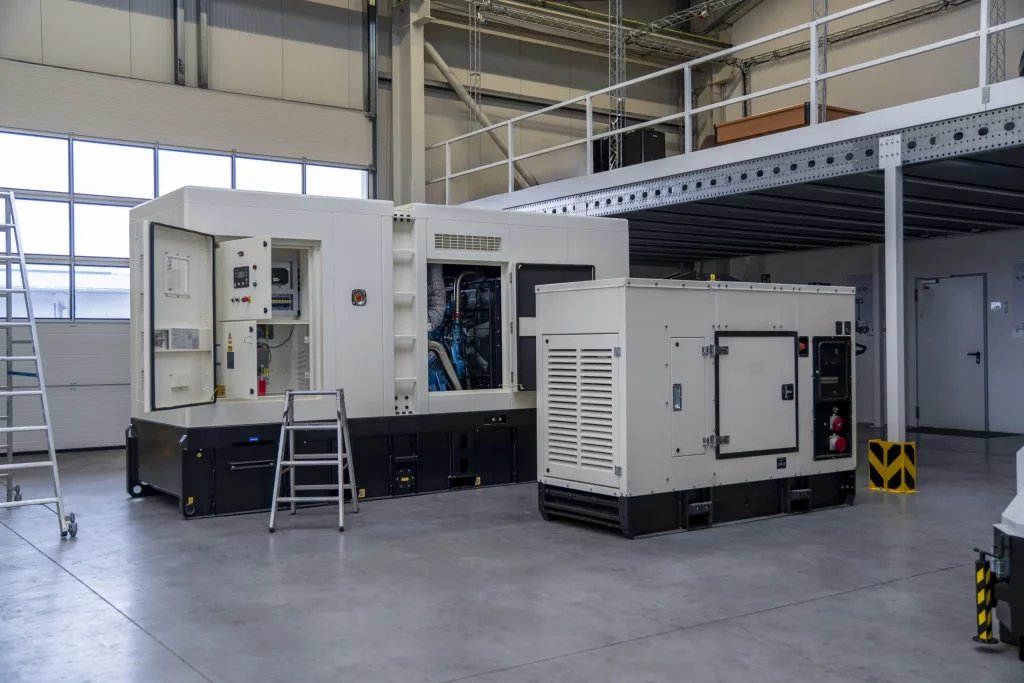 ultra silent stromerzeuger in verschiedenen leistungsklassen, hier zu sehen, ein kleiner 20 kva Stromerzeuger von trime und ein großer 500 kva stromerzeuger von K&W Drive systems